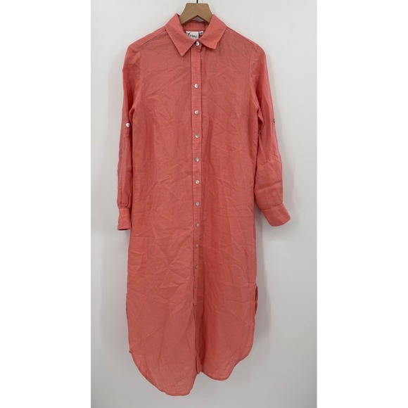 Finley Dress Womens XS Orange Pink Linen Button Front Made USA Boho Minimalist - Picture 1 of 8